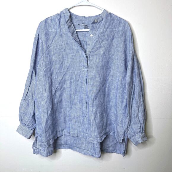 100% Linen Blouse Top XS/S Blue Striped Oversized Long Sleeve Coastal - Picture 1 of 4